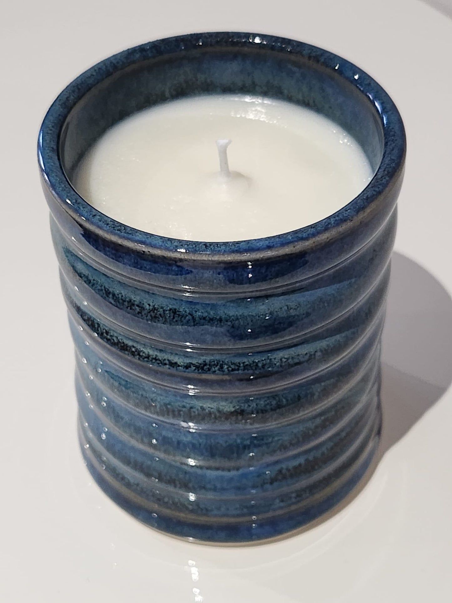 Denim Blue Glaze Ridged, Coconut and Lime Scented Candle