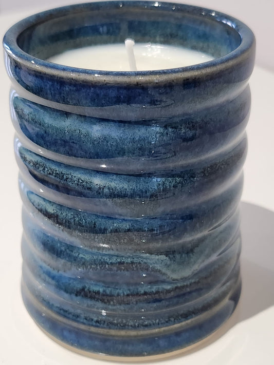 Denim Blue Glaze Ridged, Coconut and Lime Scented Candle